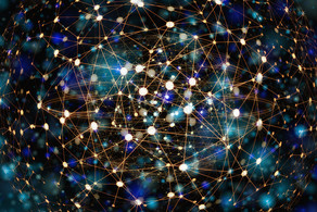 Netzwerk Weiße, hellblaue und dunkelblaue Punkte vor schwarzem Hintergrund, die mit goldenen Linien verbunden sind.